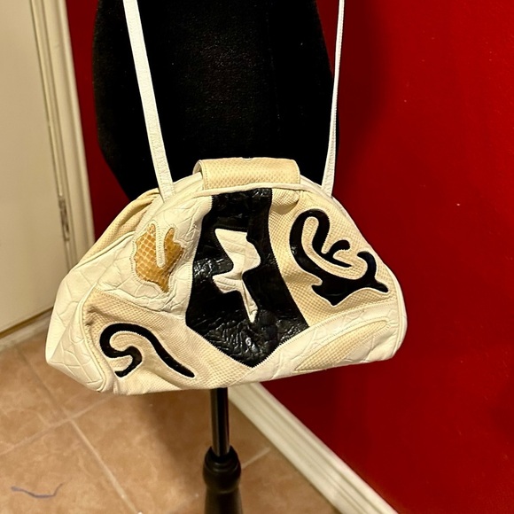 Vintage Sharif Patchwork Leather Shoulder Bag Cream Black Gold Made in USA - Picture 2 of 12